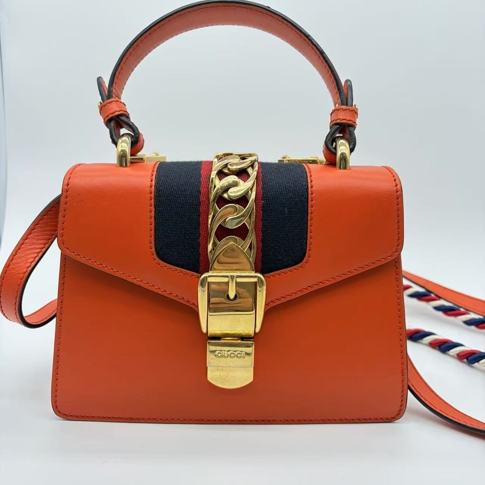 Gucci Orange Leather Top-Handle Satchel with Gold Chain Accent - Picture 1 of 4